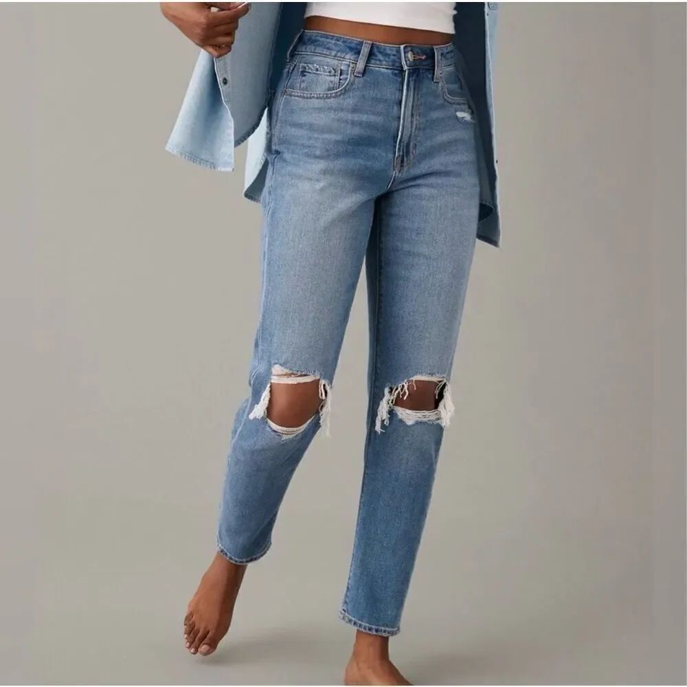 American Eagle Mom Jean Comfort Stretch Waistband Ripped Knees Denim High Rise 4